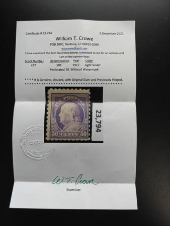 US Washington - Franklin #477 Mint LH  F Crowe Cert Cat Value: $850