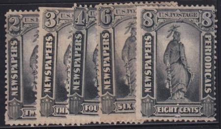 US Newspaper Stamps #PR9-13 Mint  AVE - F No gum PR10 straight edge PR13 crease Cat Value: $700
