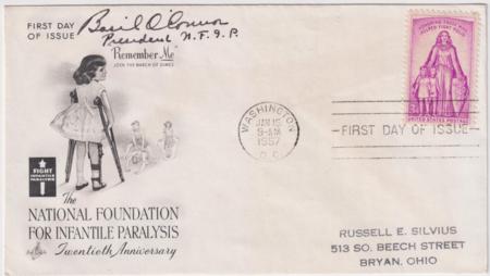 US 1087 FDC  Signed by Basil O’Connor, March of Dimes and Red Cross Chairman