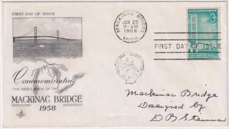 S 1109 FDC Signed by David B. Steinman, Bridge designer