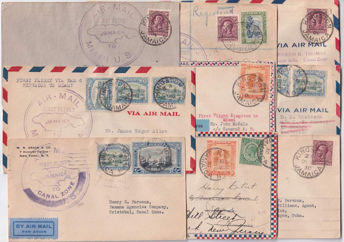 Jamaica 1930 FAM-5 First Flight - Collection of 9 Different
