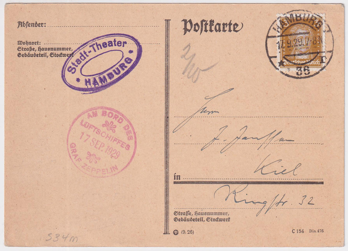 Germany 1929 Hamburg Flight on Postal Card with On Board Cancel