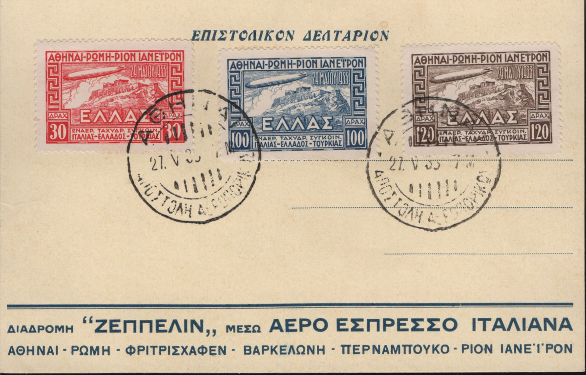 Greece 1933 Set of Zeppelin Stamps on Zeppelin Aero Express Italy Postal Card