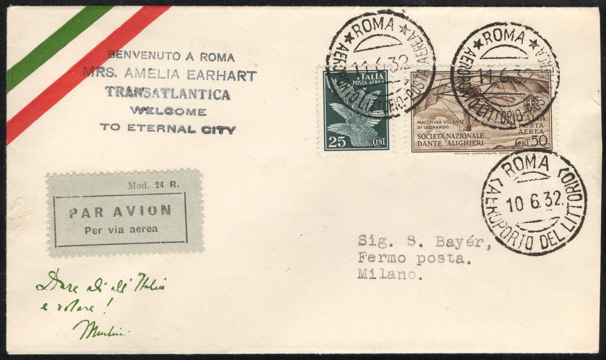 Italy 1932 Airmail Cover to Milan Welcoming Amelia Earhart