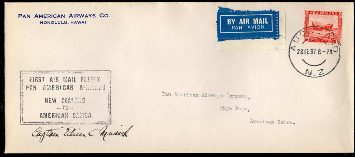 New Zealand 1937 1st Flight from New Zealand to Am. Samoa Signed by Capt. Edwin Musick.