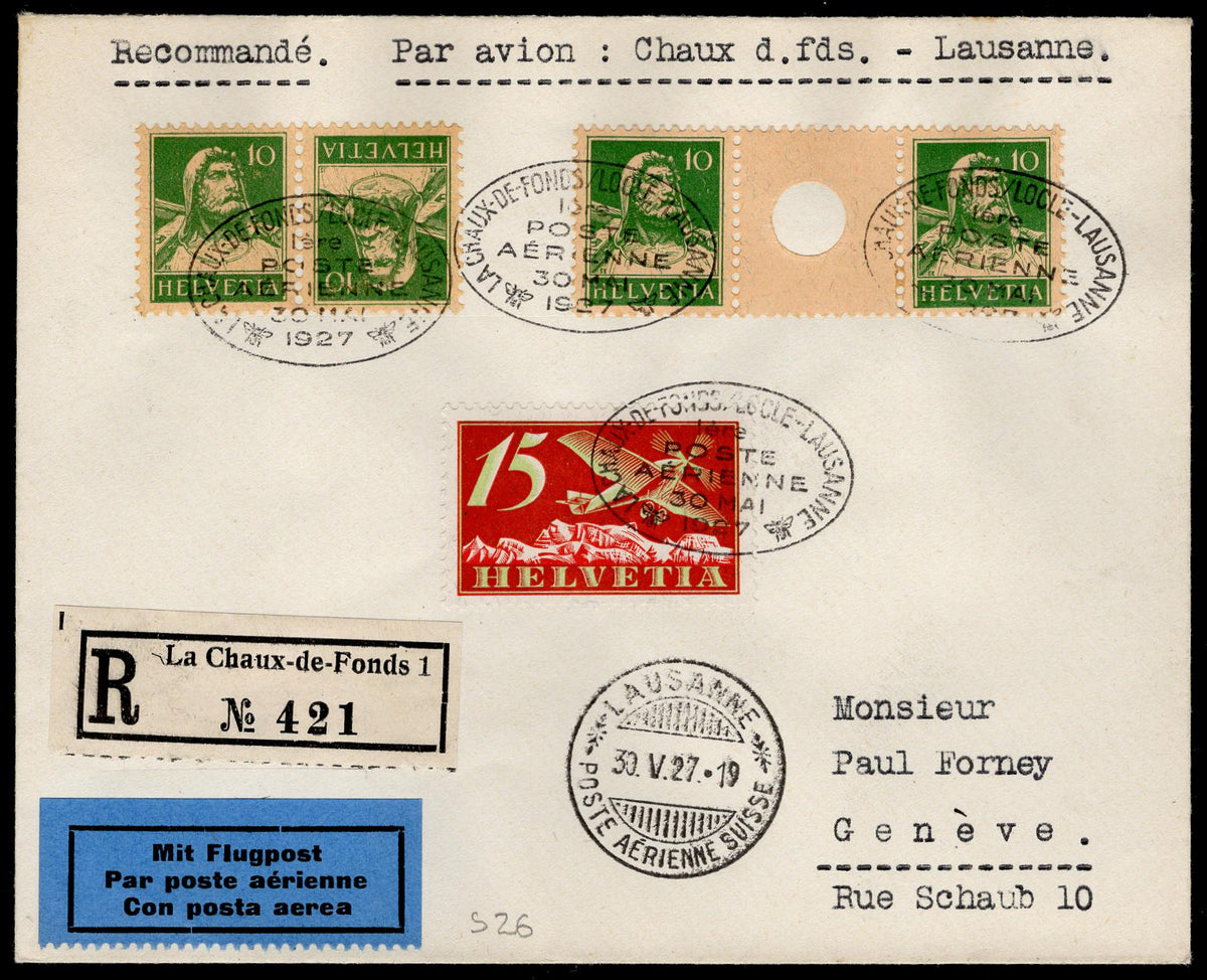 Switzerland 1927 Registered Airmail Cover with Zumstein S26 Interspace Pair