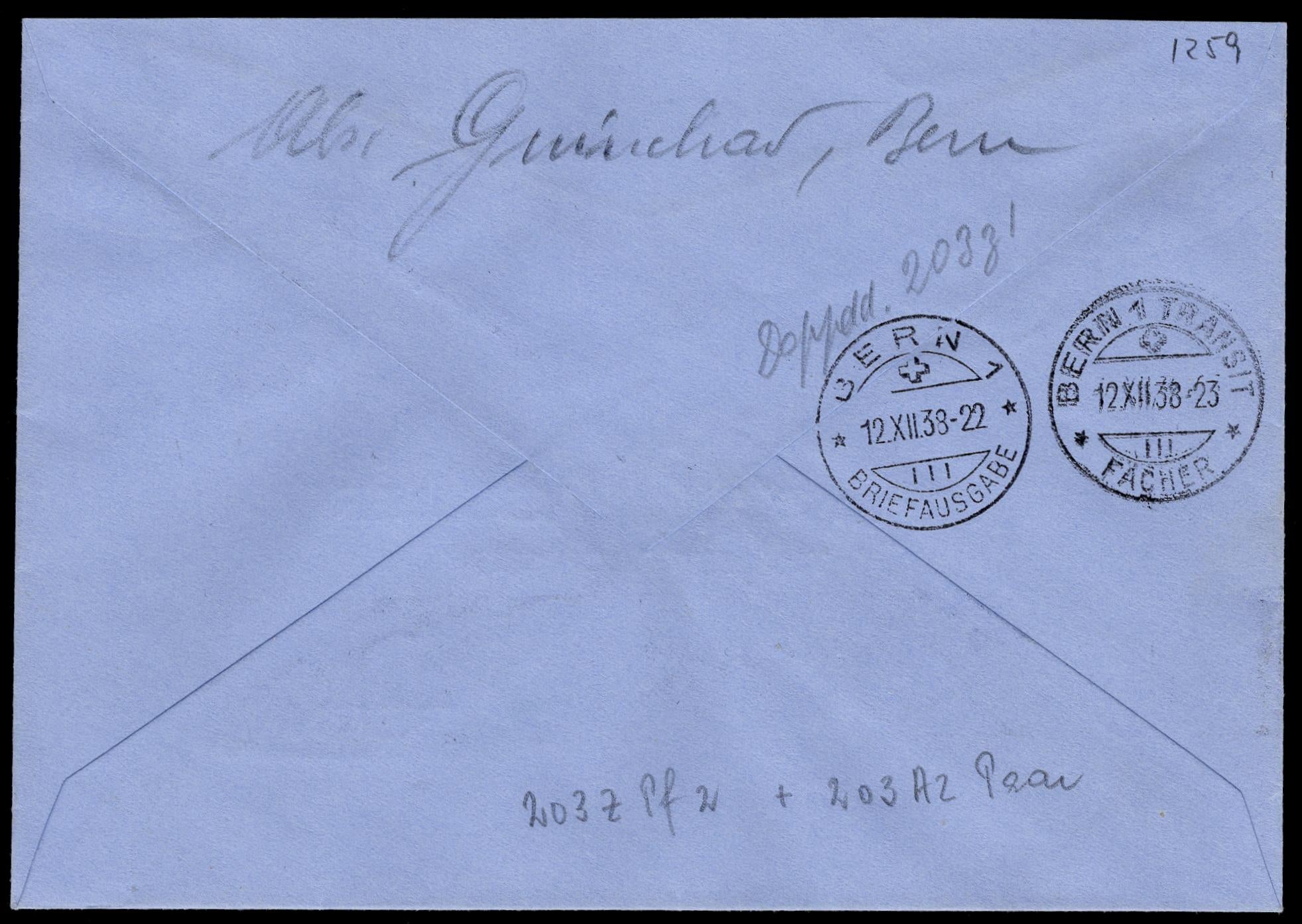 Switzerland 1938 Zum. 203z Double Print Variety on Registered Cover to Bern, Certificate
