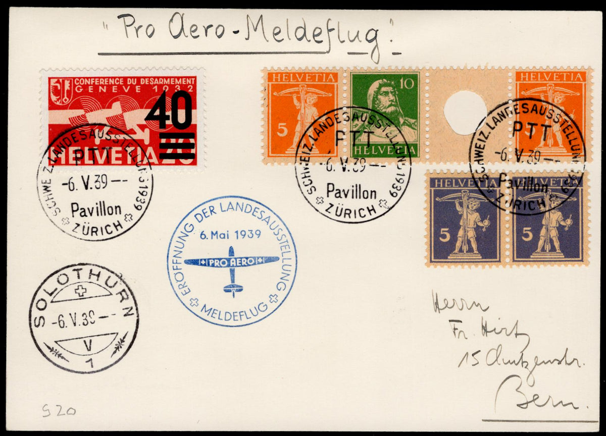 Switzerland 1939  with Zumstein S20 on Card with  Opening of the National Exhibit Cancels