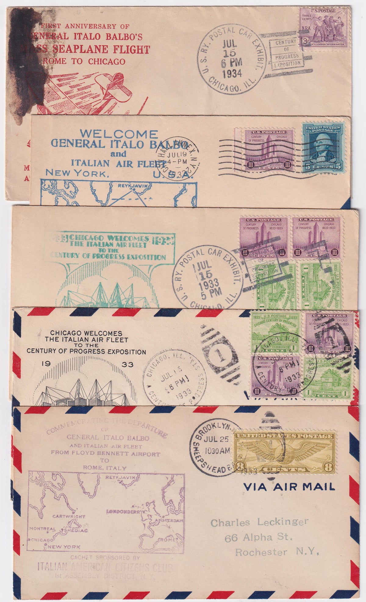 US 1933-1934 5 Airmail Covers Commemorating Italo Balbo Italian Air Fleet + Photos