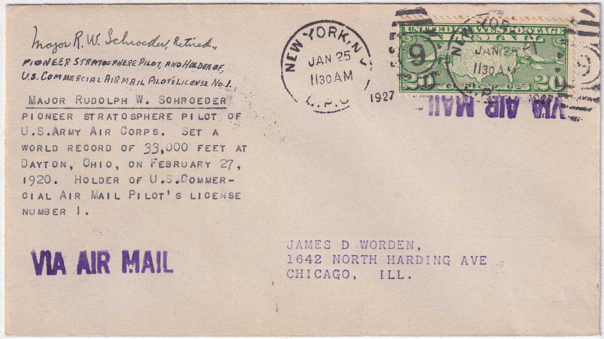 US 1927 C9 FDC Signed by Major R.W. Schroeder, Pilot