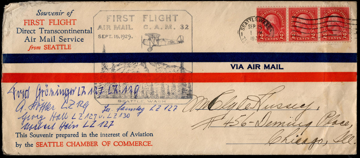 US 1929 1st Flight from Seattle Signed by 5 Hindenburg Crew Members