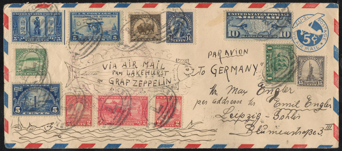 US 1929 Round The World Flight with Hand drawn Cachet Zeppelin as a Fish