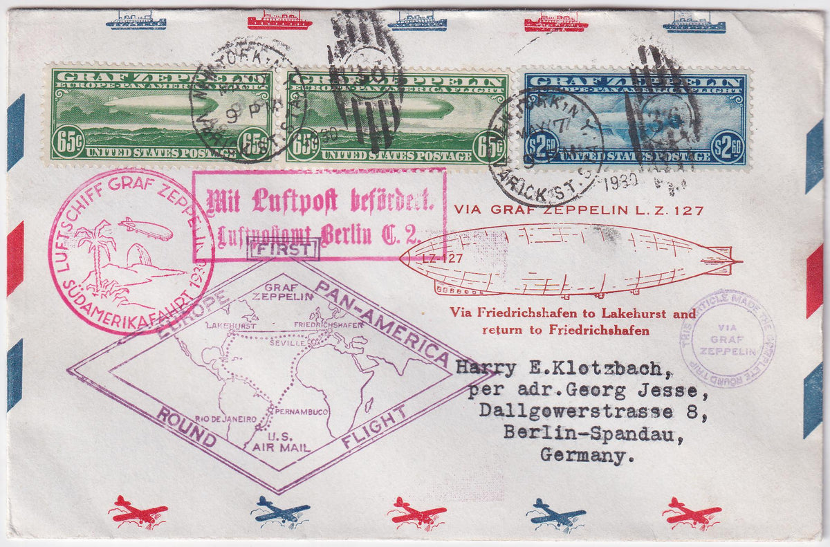 US 1930 Zeppelin Round the World Flight with C13 pair and C15, Klotzbach Cachet