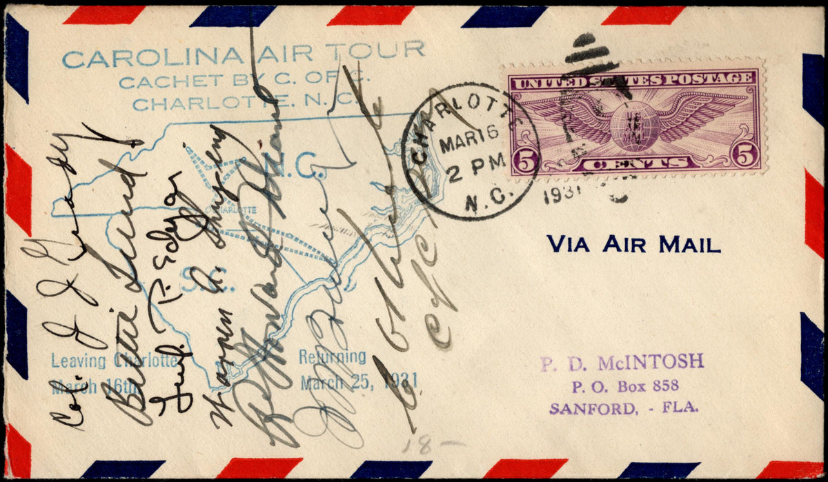 US 1931 Charlotte Air Tour Cover with C12 Signed by Col.  J. J. Grady and 6 Others