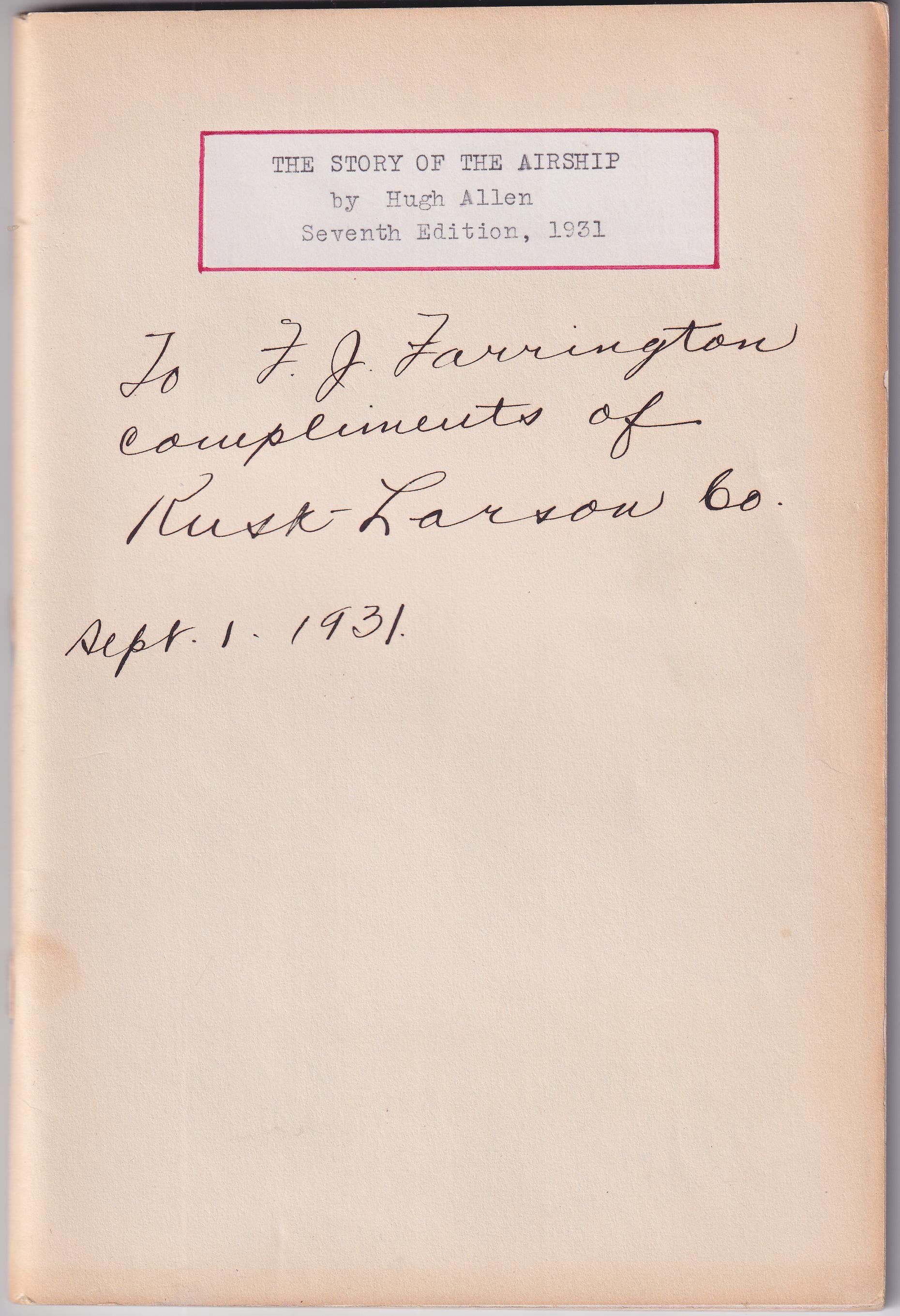 US 1931 "The Story of the Airship" 7th Edition by Hugh Allen