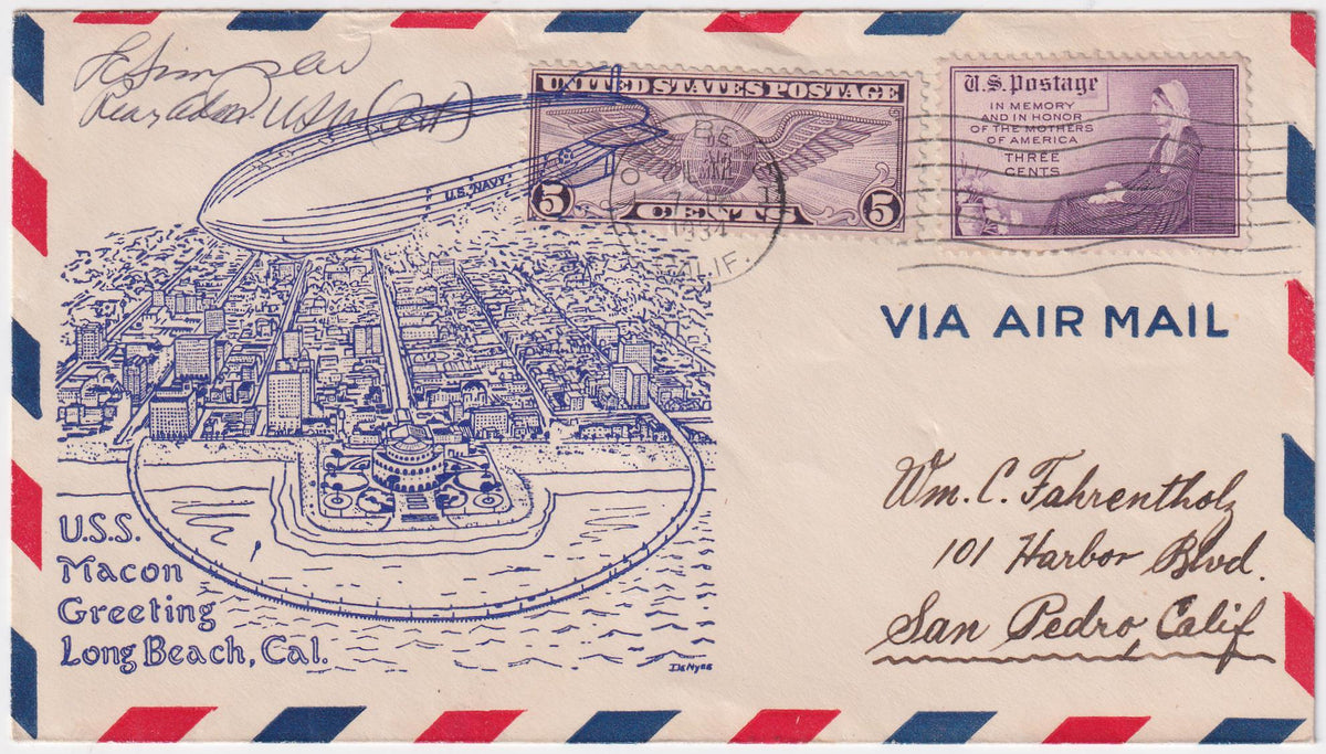 US 1934 USS Macon Cachet on Airmail Cover Signed by Rear Admiral Simpler U.S.N