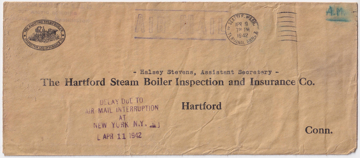 US 1942 Airmail Cover Seattle WA to CT Crashed in NY