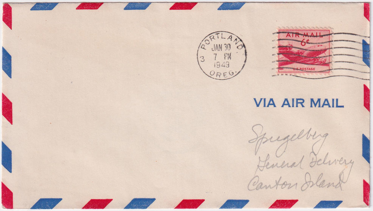 US 1949 First Flight Portland, Or to Canton Is. on Airmail Cover with C39