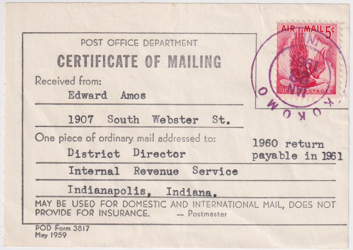 US 1963 C50 on Certificate of Mailing