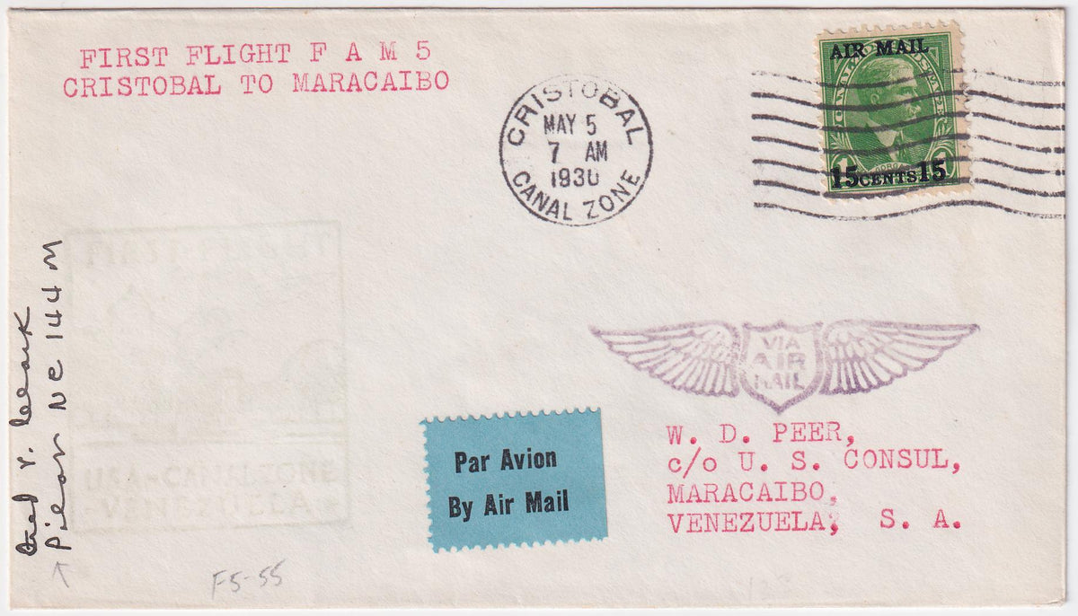 US Canal Zone 1930 1st Flight Cristobel - Maracaibo, Venezuela Signed by Pilot