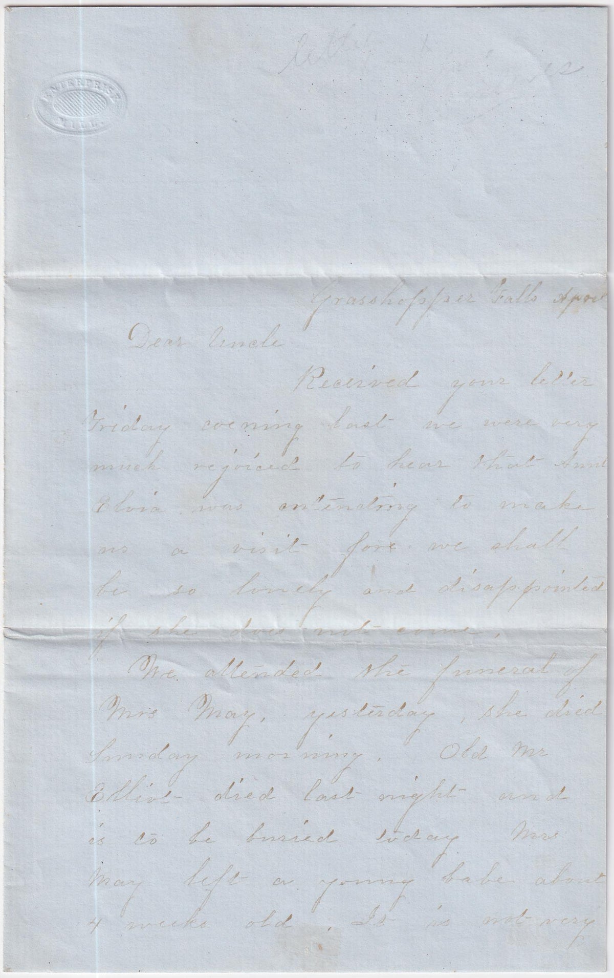 US 1850s Grasshopper Falls Territory Letter