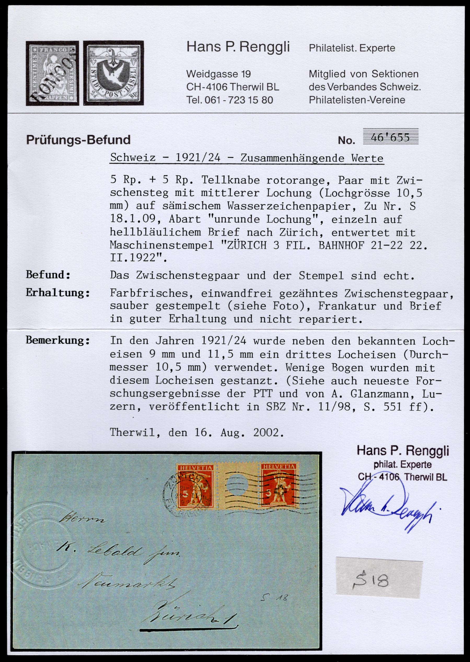 Switzerland 1922 Zumstein S18, 5rp + 5rp Tell boy Pair on Cover, Renggli Certificate