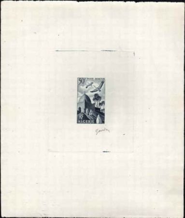 INV-00528itExt_4fc4744c-bed6-4e8a-98c7-5af097b5c447 Algeria C8 1949 Artist Die Proof, Birds, Dark Blue, Signed