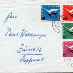 Germany 1955 Airmail cover wtih Lufthansa set, C61 - C64, addressed to Zurich, Switzerland.