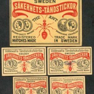 Sweden Set of 5  matchbook labels - one oversized, ants, coins
