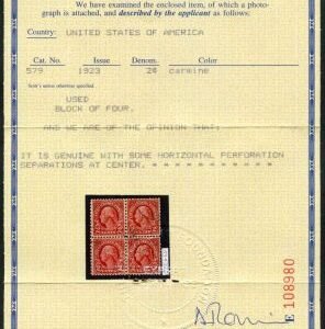 US 579 F- VF Used Block. PFC Mentions a Few Horizontal Perforation Separations At Center. CV $1,750