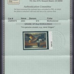 US RW70 Duck Stamp  XF - Sup NH PSE Cert Grade 95