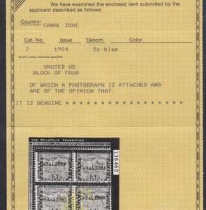 US Possessions - Canal Zone 2 Possessions F - VF Hinged Block of 4 - Disturbed OG, PF Cert cv $1,750