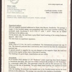 Sweden 1919 "Bodensee" Card on board, with Certificate