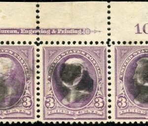 US 268 Bureau & Regular Issues F - VF Used Imprint PL Number strip of 3 cv $150