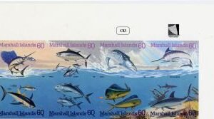Marshall Is. 595 Imperf Block of 8, Sharks, Pacific Game Fish