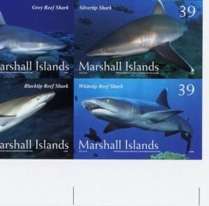Marshall Is. 883 Imperf Block of 4, Reef Sharks, Fish