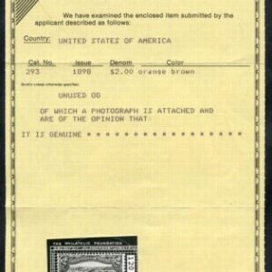 US 293 Early Commemoratives F - VF LH VF for issue 2x PFC Certs