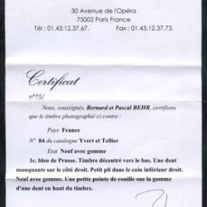 France 87 Prussian Blue Fine OG very LH with Behr Cert