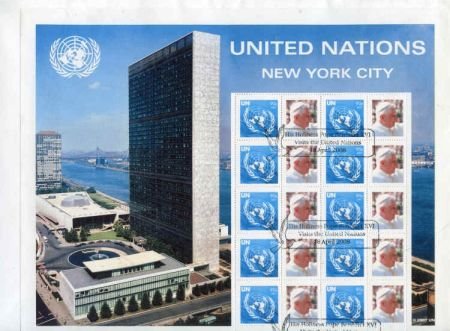 INV-10129itExt UN Personalized Sheets S18.1 Pope Benedict Visit 939 Full Sheet Canceled on Envelope