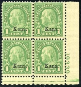 US 658 Fine NH Kansas Overprint Plate Block 19339 LR cv $90
