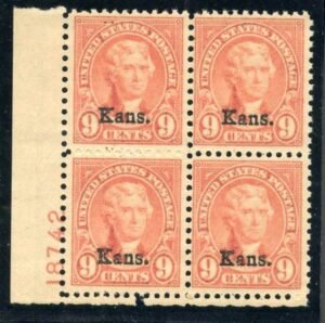 US 667 F - VF NH Kansas Overprint Plate Block 18742 LL cv $400