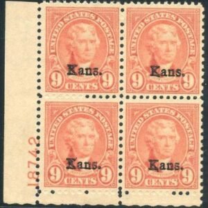 US 667 VF + NH Kansas Overprint Plate Block 18742 LL cv $400