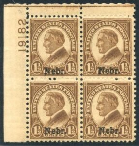 US 670 Mint LH Nebraska Overprint Plate Block 19182 UR - Evenly Disturbed Gum, cv $65