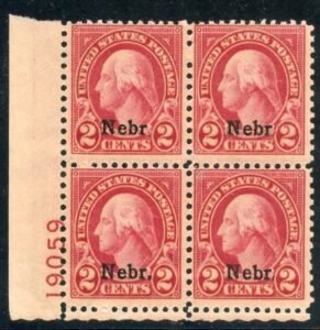 US 671 Fine Mint NH Nebraska Overprint Plate Block 19059 LL cv $90