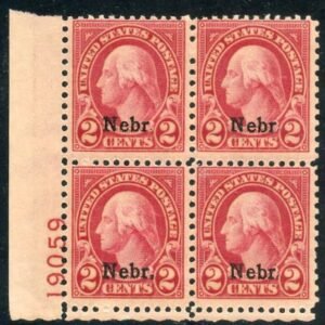 US 671 Fine Mint NH Nebraska Overprint Plate Block 19059 LL cv $90