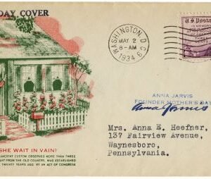 US 738 FDC Autographed Anna Jarvis, Founder of Mother's Day in 1907