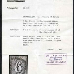 Switzerland 1L4 Used VF Type III - Rellstab Cert cv $1,650