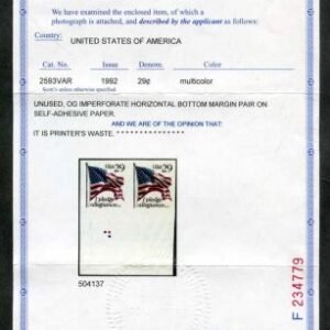 US 2593 Variety Error Printed on self adhesive paper - Imperf horizontal pair