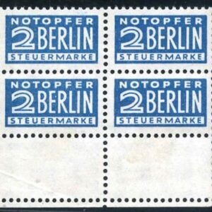 Germany Allied Occupation - Compulsory Tax Stamps Mi 84 Inverted XF NH/LH Bottom Tab Block