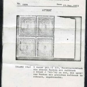 Iceland 52 Variety F - VF NH Block of 4 with 2 certs - mixed overprints black and red